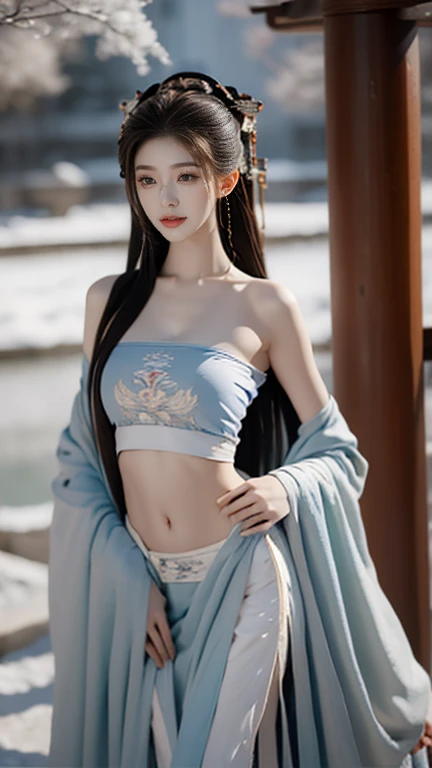 gufeng,bare shoulderasterpiece、best quality、high resolution),Photography Award，masterpiece，blue hair，blue eyes，lifelike，high resolution，soft light，colored hair，water，water下，ocean，single skirt，thigh strap, big breasts, cleavage, grace的姿态，Sexy and slender legs, original photo, 脸庞beauty精致，Otherworldly beauty, Attract attention。beauty、grace、mystery, correct limbs, anatomically correct