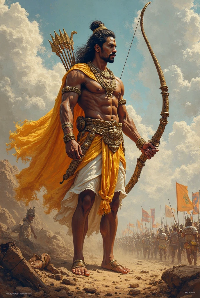 Central Figure: Lord Rama, in traditional attire, holding a bow and arrow, symbolizing his role as a warrior and prince.
