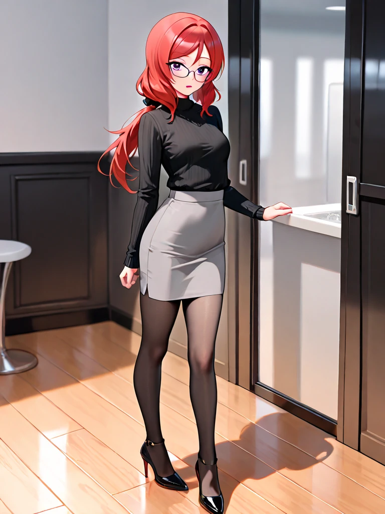 makima, thighs, full body, high heels, blouse, black jeans pants, wide hips