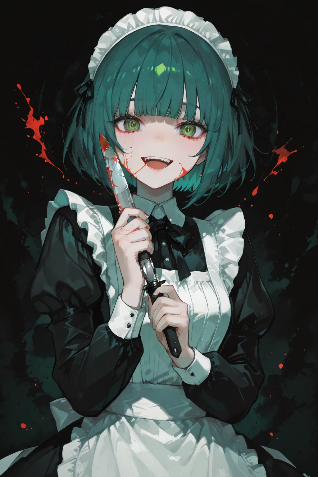 anime girl with green short bob hair and red eyes. Blood on the face and hair, crazy look and smile, gloomy atmosphere, madwoman. a huge scythe behind my back is covered in blood