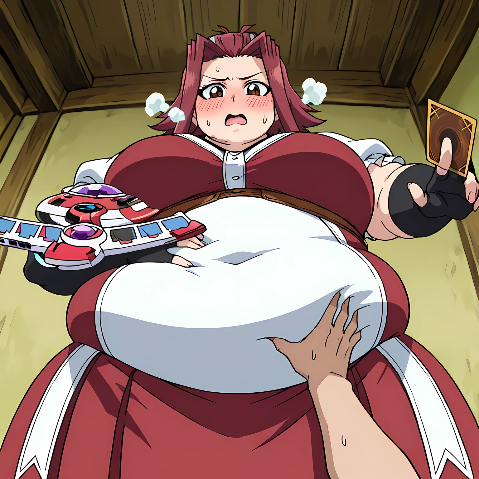 Raphtalia fat, force feed, obese, fat, fatter, round, rotund, food in the hands, grab belly, overeating, stuffed raccoon, red suit, massive fat, huge fat, glutton, gluttony, gluttonous, voracious, fatness proud