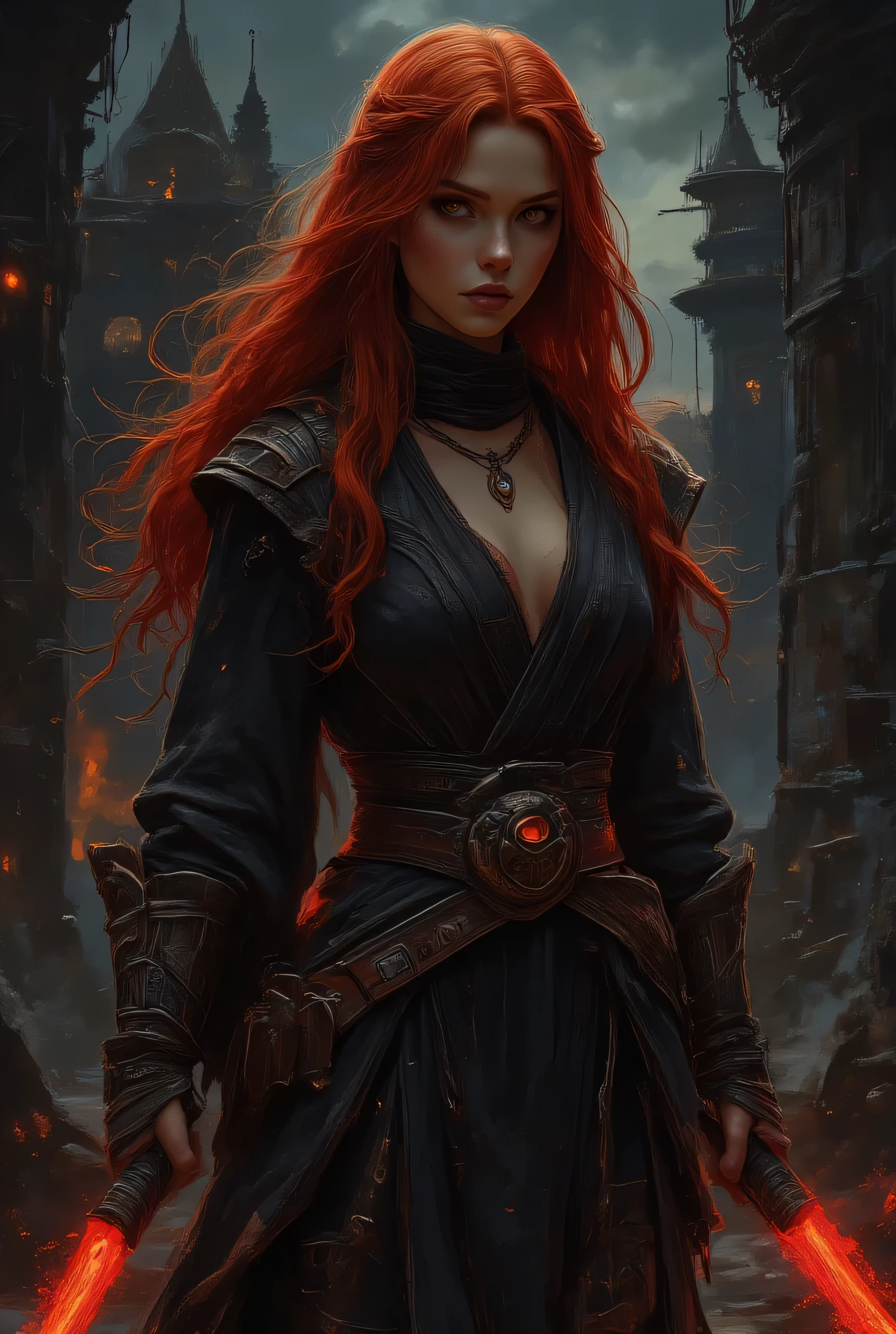 Score_9, score_8_up, score_7_up, ((highest quality)), ((masterpiece)), (be familiar with), Perfect Face, (High definition), (Best Shadow), 8k, cinematic. Comic sex art, Luis Royo's style, A striking scene with a stunning long red hair, sexy woman posing confidently in a dramatic setting. Her outfit consists of a revealing black Sith-style robe, with a detailed leather belt featuring intricate designs. She is holding a glowing red lightsaber, illuminating the surroundings with a warm light. A pendant hangs around her neck, complementing the overall theme. The backdrop is a dimly lit, mysterious environment with abstract structures and dim lighting that adds intrigue. The lighting casts soft shadows, creating a captivating and intense atmosphere.