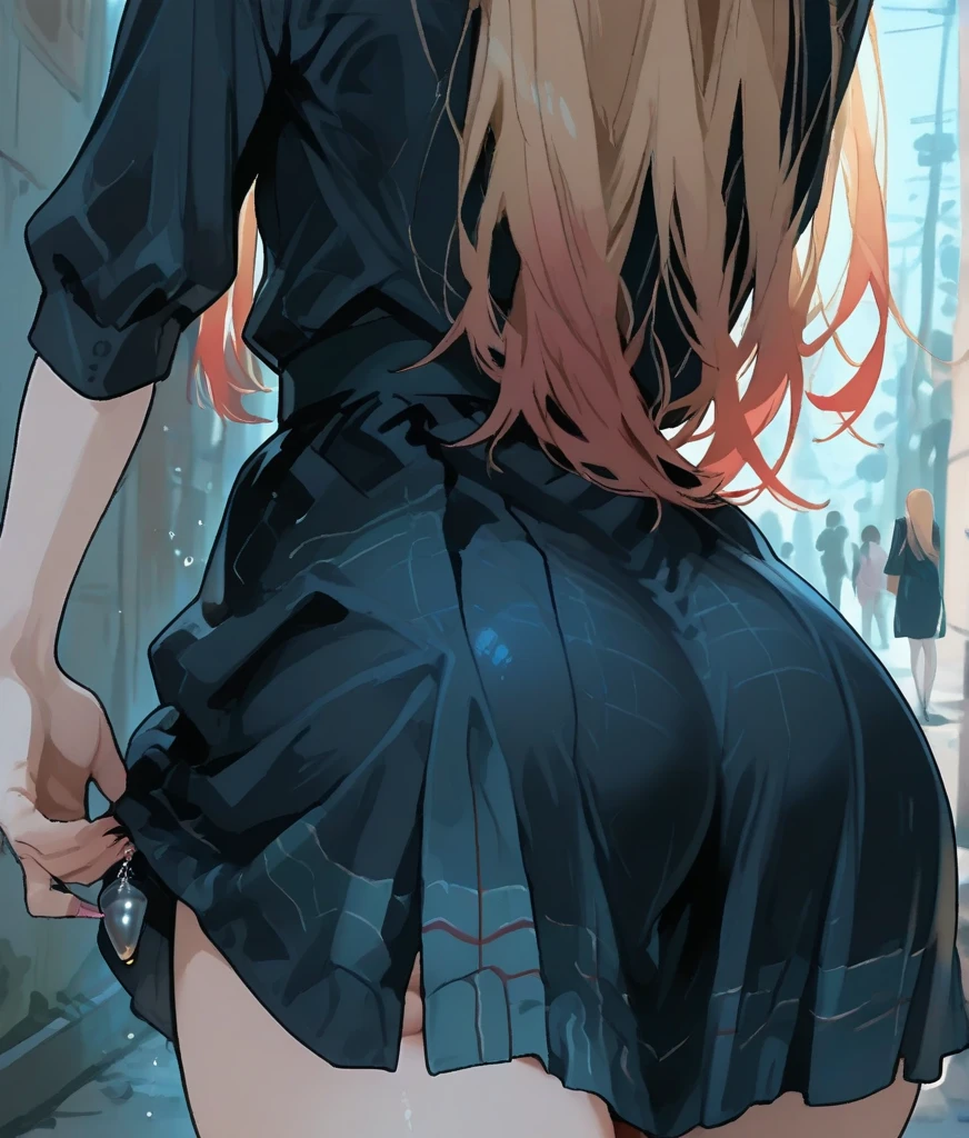 woman,14 years old,,city,night,(((white and blue tight miniskirt dress))),,open mouth smile((leather thigh high boots))(See-through),(()),(()),blush、surprised face,((())),((turn around and look back))(wet with sweat)Reflecting the buttocks