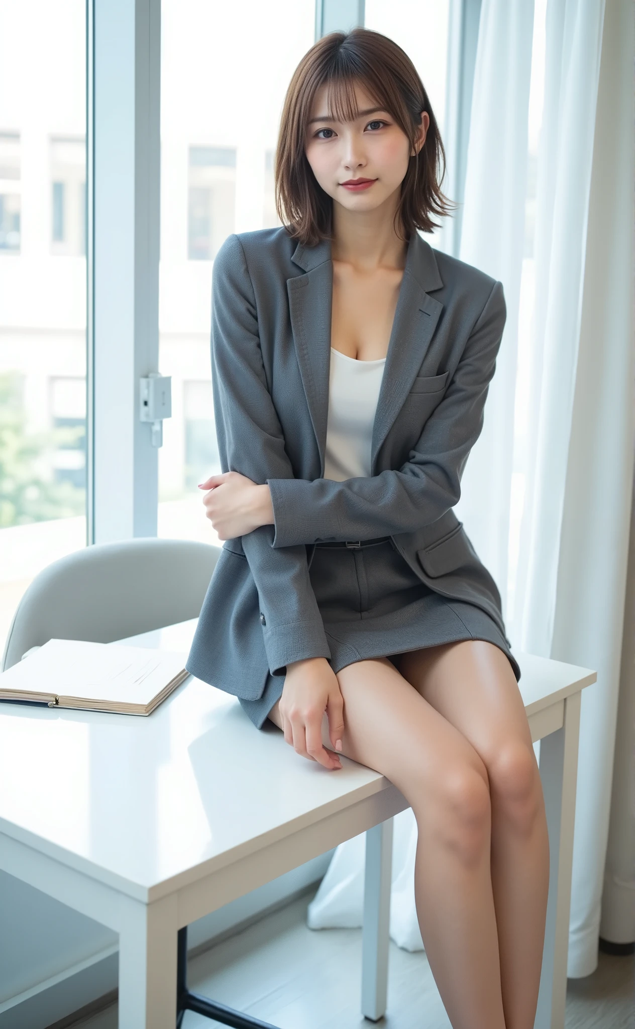 Best Quality, Photorealistic, 8k, High Definition, 1 Girl, Female, (Medium: 1.8), Office, Pubic hair visible, Grey suit, No panties, Skirt up, Work, Sitting in chair and legs wide open