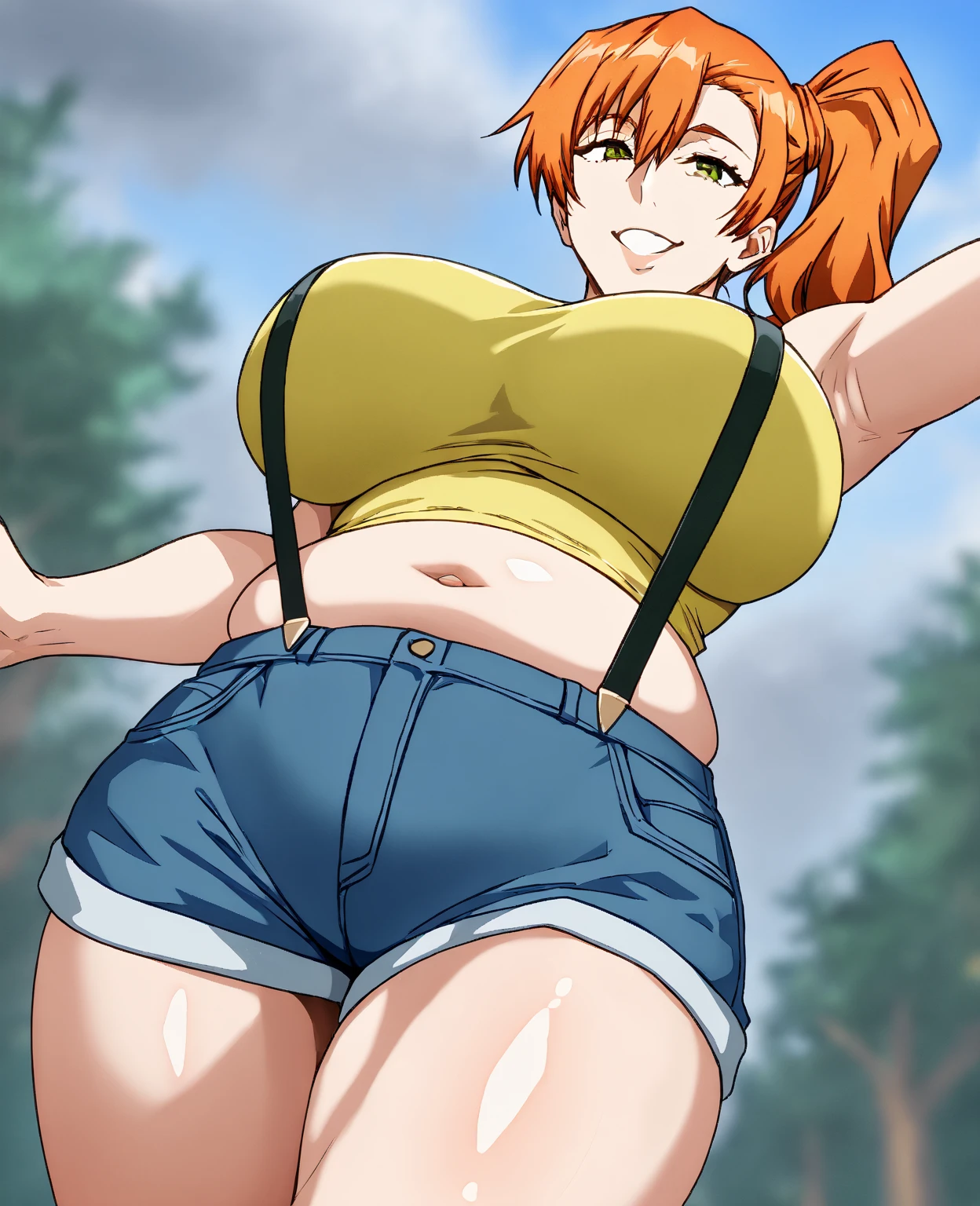 score_9, score_8_up, source_anime Bibl3, busty bimbo, shortstack, misty \(pokemon\), orange hair, huge breasts, bouncy breasts, breast expansion, pokies, wide hips, viewed from front, standing in field, pouty, raised eyebrows, blushing, looking at viewer, open mouth, thick lips, yellow tank top, red suspenders, denim shorts, cameltoe, full lips, vivid lips, detailed eyes, detailed face, cute girl, forest, morning