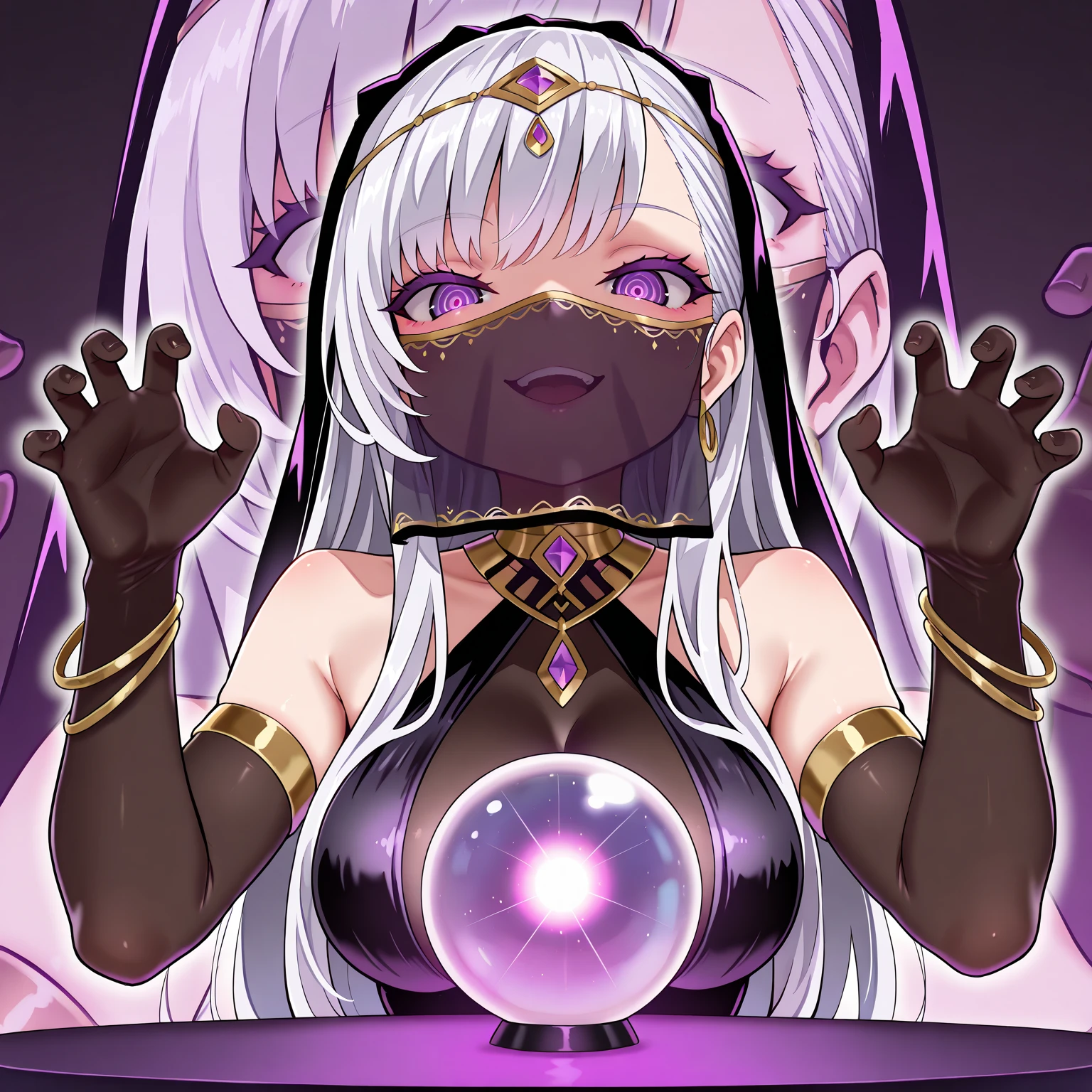 1 mature woman,,(Highest quality,Extremely detailed depiction,Incredibly absurd high resolution,Anatomically accurate depiction,Curvy Legs),(Glowing Skin,Shiny skin),(Glowing Skin,Shiny skin,Oilskin),(Sexy fortune teller),(A face veil that hides the mouth:1.5),(Luxurious accessories,Earrings,necklace,Bracelet,Long gloves,Sexy Costumes,See-through,black tights),eyelash,A little sweat,(Purple Eyes,Detailed pupil,Half-closed eyes:1.5,Crazy Eyes,There is cleavage in the chest,Bewitching Smile,glossy purple lipstick),(Holding a mysteriously glowing crystal ball),background:Fortune Telling House,Mysterious atmosphere