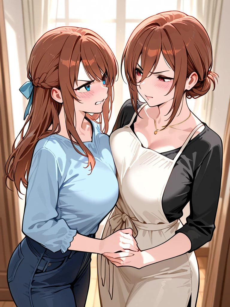 Mother and daughter, their faces flushed with effort and sweat, work side by side in a cozy kitchen during summertime. The mother, with her long, curly brown hair tied back in a messy bun, wipes the beads of sweat from her forehead with the back of her hand. Her eyes sparkle with determination and warmth as she prepares a family feast.
Next to her, her daughter, with her short, wavy chestnut hairstick held in place, leans over the countertop, handing her mother ingredients with a focused expression. Her cheeks are rosy from the heat of the kitchen, and her bright, curious eyes follow her mother's every move with admiration.