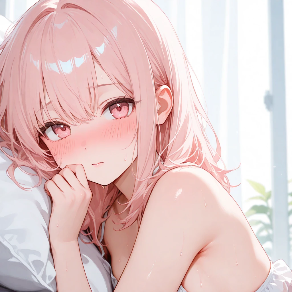 Girl with pale pink hair hairstyle two ponytails, in a tight white top-sleeved T-shirt, short light pink skirt, lying on his stomach, pink panties with heart. 