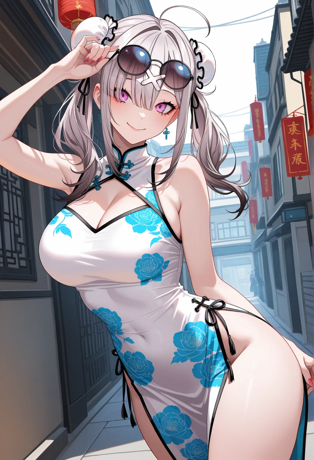 (((masterpiece:1.4, Best Quality:1.4, 8K,))), ultra high res, Physically Based Rendering, Portrait, ultra Beautiful Sexy Woman, 24yo, Detailed large eyes, detailed thin eyebrows, Highlights in the eyes, half-updo silver hair, Highly detailed facial and skin texture, Crisp focus, Clear focus:1.2, Slender beauty:1.4, ((large breasts:1.5)), Slim abs, oval-face, Lip gloss, Clear facial features, gentle smile, standing, hands are clasped behind the buttocks, tight knit dress, bare shoulders, sleeveless, Row of cherry trees