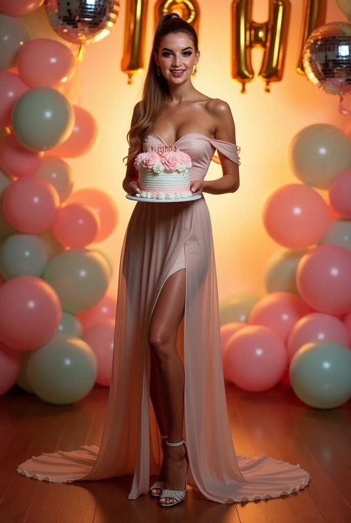 Generate an image of a 21-year-old young white woman with dark brown hair and a medium-sized chest, standing in front of a birthday cake. she wear a nice bodycon small light green dress, wear small light green highheels, full body, The scene should capture her joyful expression as she celebrates her birthday. , read "HAPPY BIRTHDAY", with party decorations in the background, zoomed out