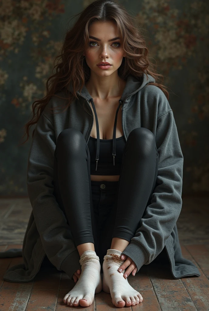 woman, a striking 22-year-old American model with light brown hair , wavy hair, 172 height, full body photo, mix face veronika bielik, danusia draghici face, cute faces, girlfriend, blonde and attractive features, (Suspense Scene ((Concept Art)), Highly detailed image of a girl in jeans and high boots, wearing a tied strech hoodie shoulderless), (Better lighting, Better Shadows, Very delicate and scary), (digital illustration), ((4K Painting)), [(Dynamic Angle,((One girl)),Gray Hair, (Beautiful Face, Perfect Face, Scared,) Expressions of peace, Torn clothes, Sitting on the floor, darkness, Scary House), [:(dark, Mysterious, Game Paint, An ominous setting, Jagged Hallway, Big House, Deathly Silence):] no jewelry, post apocalyptique
