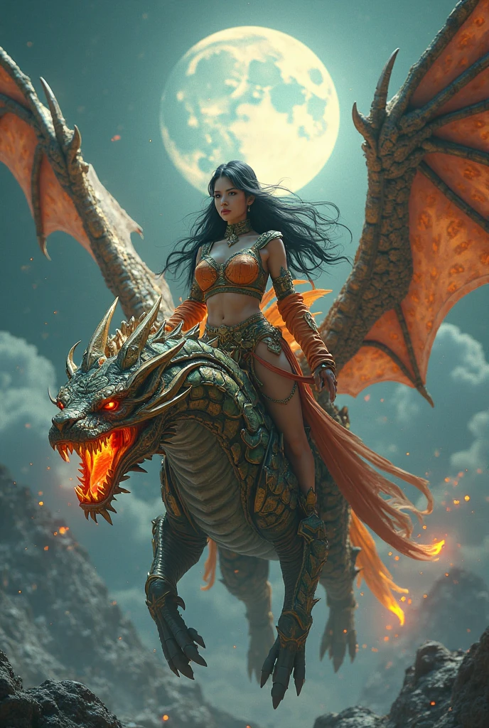 (in 8K, RAW Photos, top-quality, masterpiece:1.2), (realisitic, Photorealsitic:1.37), ultra-detailliert, high resolution, Huge Monster and sexy sorceress, building crumbling, Burning flame, stunningly beautiful face, dynamic ungle