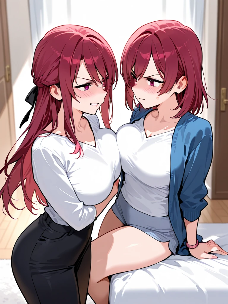 straight_enjoy_girl, 1girl, Red hair, One, short hair, Red eyes, embarrassed, blush, wavy open mouth, Bedroom, big breasts, shirt, sports trousers, looking down at yourself, looking down, split, clutching his chest,