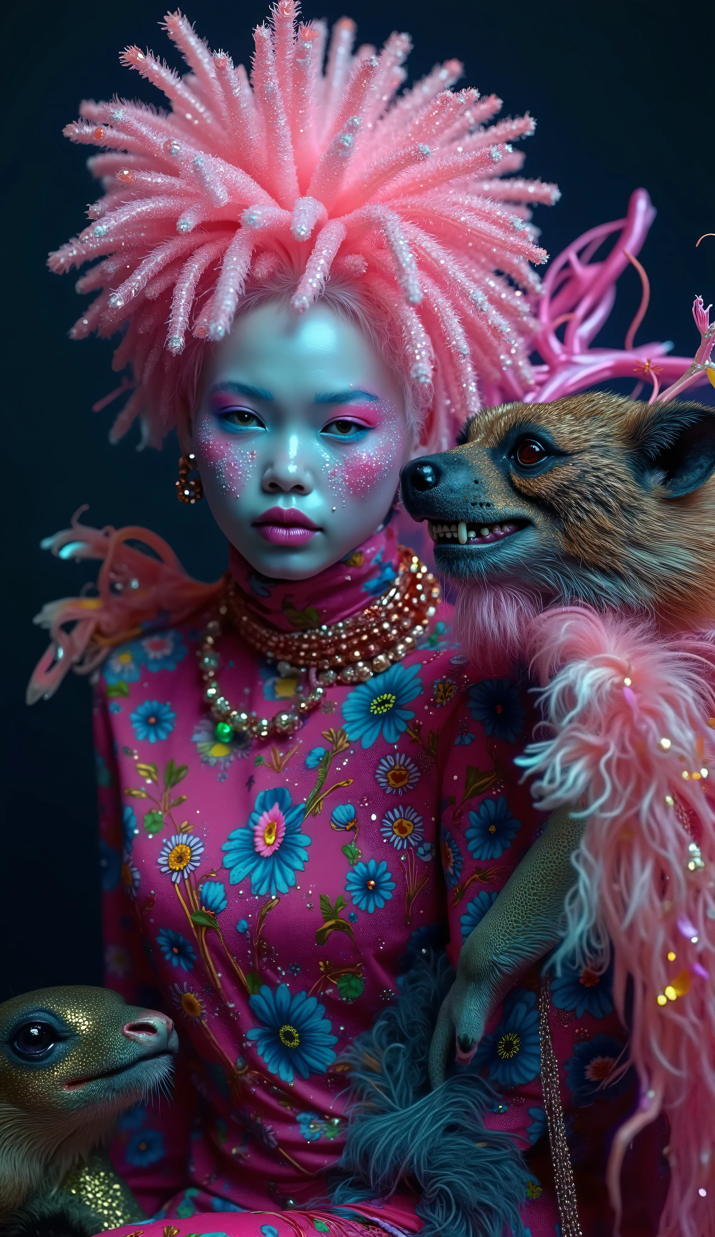 Strange and sinister African human albinos, with exotic predatory animals, friendly caress the beasts. hyperrealistic artist, inst ax, playful performance art, atmospheric installations, iconic fashion, colorful costumes, Supercolor Intense, solar punk. Coherent and dynamic movement. hyperrealistic, cinematic lighting, hyper-detailed, 8K. masterpiece.