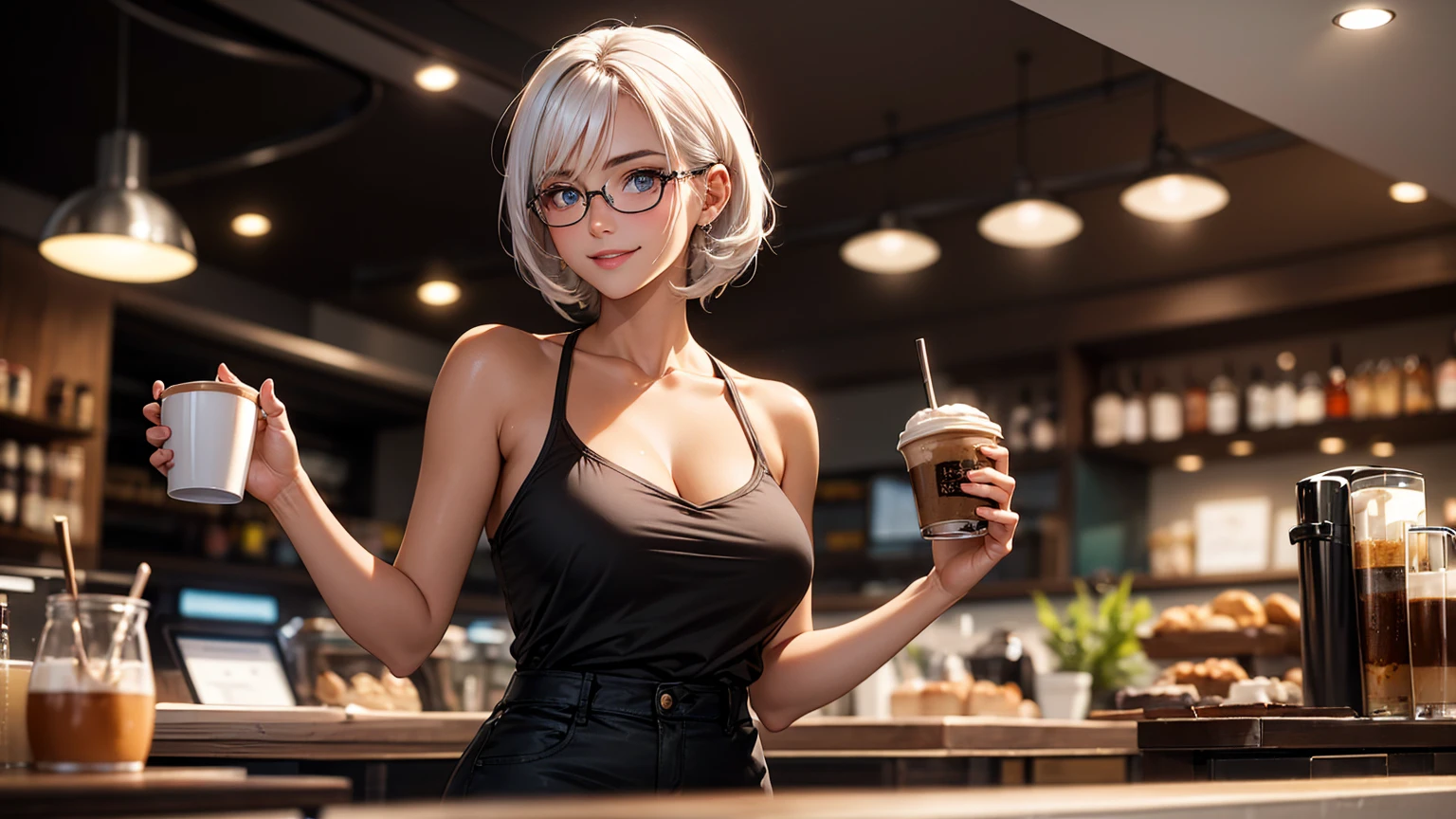 (((a woman sitting in a cafe drinking tea:1.3, dynamtic motion, sunny day, full body))), beautiful eyes, beautiful girl, high detail skin, high detail eyes, high detail hair, highres, ultra detailed, detailed pores, imperfect skin, detailed reflective shiny skin, diffused skin pores,sharpen picture, Highly detailed, masterpiece, best quality, smiling <lora:NiwamaruLoRA:0.8> niwamaru, with short white hair, pink googles on head, white and black crop jacket with fur, tiny tube top, black stockings, black shorts, shoes,