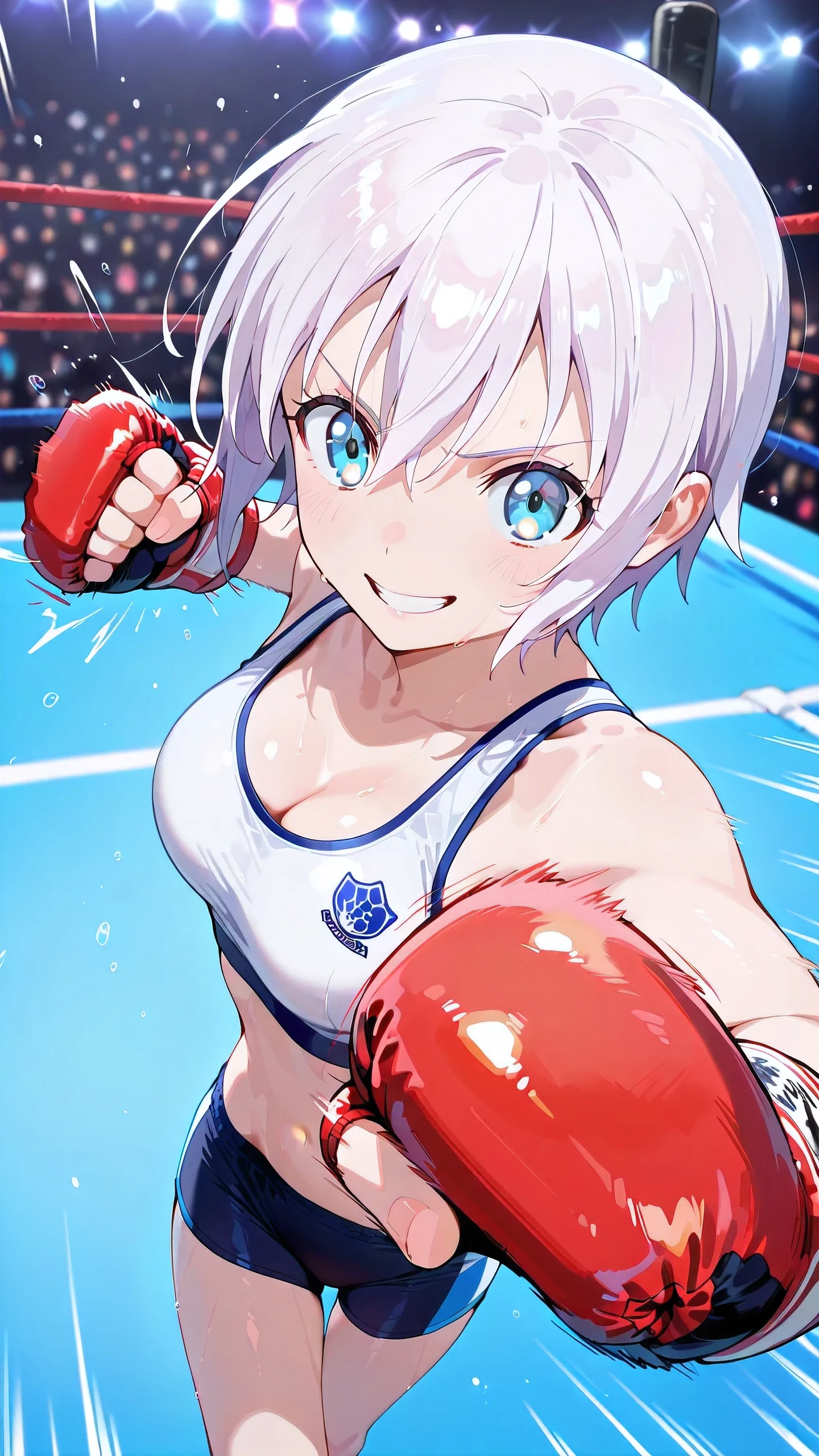 lisanna strauss, short hair, blue eyes, hair between eyes, white hair,, solo, Detailed eyes, white sports bra, black sports very short spats, white fingerless gloves, thigh, cleavage, slim long legs, medium breast, serious grin, looking at viewer, Detailed eyes, Detailed face, from side-above, portrait,

p4nch, punching, clenched hand, motion lines, motion blur,

boxing ring, spectator seats, (depth of field).