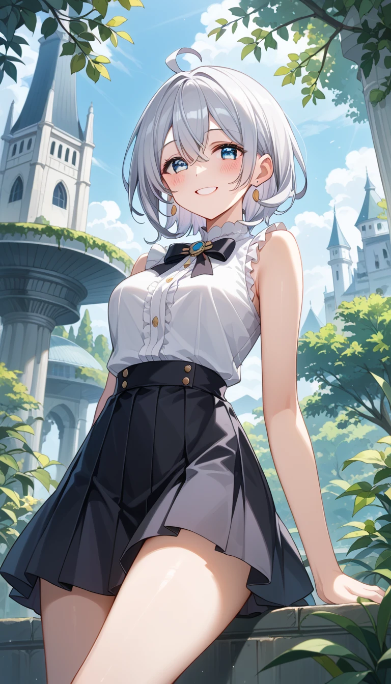 best quality, masterpiece, 1girl, solo, ,pleated skirt,shirt tucked in,tented shirt,castle,sideboob