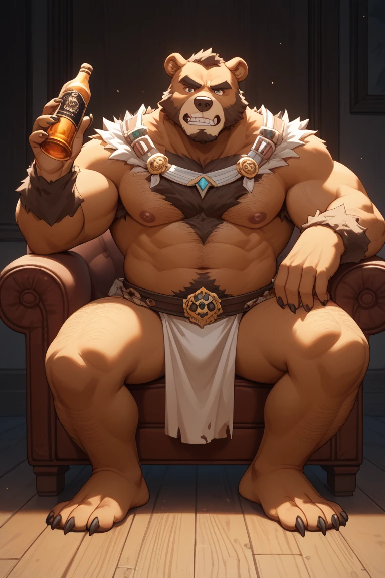 male，Bear，chubby，sitting on bed，Modern bedroom，No clothes on，Only thongs，Put your hands on your hips，closure-up chesevation perspective，Curved white horn，cow tail，Furry and good size，muscular plump，closure， background, lifelike, realistic hand, 8K HD, Extreme details, (dark shadow, wide dynamic range, high dynamic range, low light:1.2), muscular,alone，humanoid figure，broken into pieces，closure-up of chest，low angle of view，facing the audience，Extend your foot towards the camera，delga，National Science Foundation,The crotch protrudes，Correct muscle structure，Delicate fur，Oblique composition，