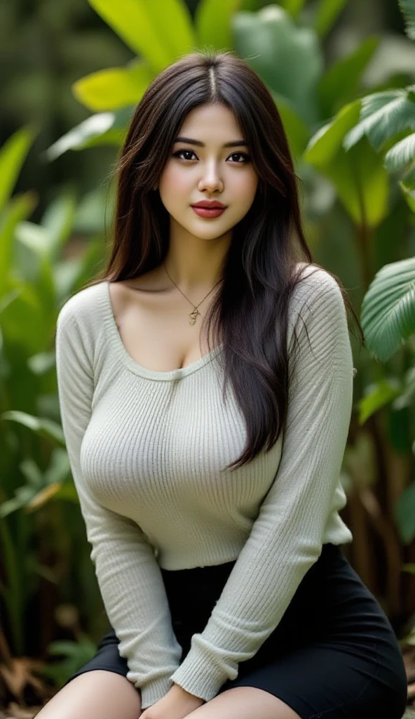 arafed woman, mixed Japanese and Mexican woman, chest covered, beautiful curves, overflowing boobs, giant tits, very tanned skin, dark black hair, long straight hair, in black blouse, wearing white pants, thin model, giant stunning goddess shot, (colossal tits (1.2)), buxom chested, clear portrait of demi rose, happy, smiling, whole body is shown, walking, saluting, looking at camera, gorgeous female, violet myers, Background with: (public park with flowers)