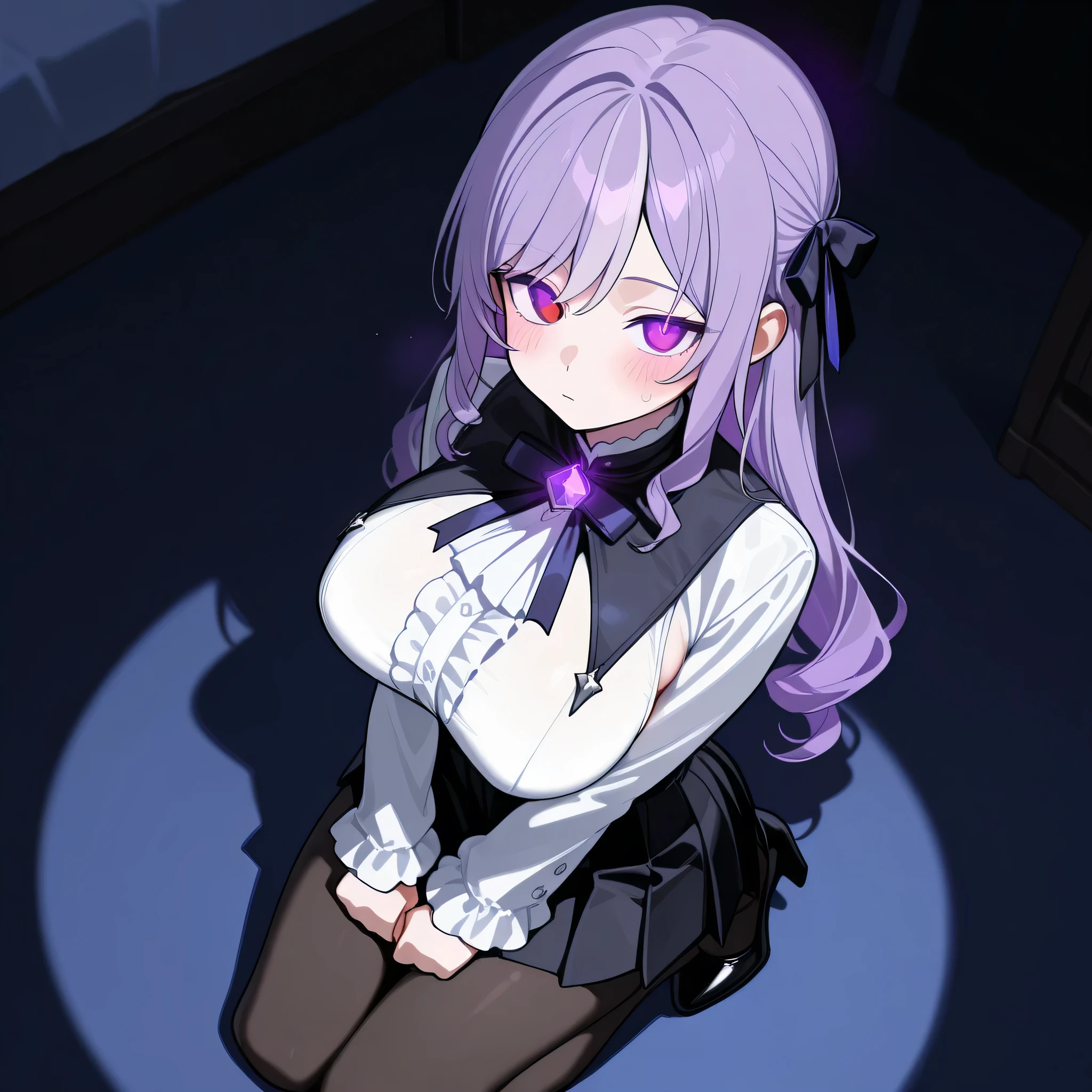 score_9, score_8_up, score_7_up, 1girl, solo, (top quality, 8k), high resolution, smooth, best quality, highly detailed, looking at viewer, bedroom at night, (dark room), ((from above)), huge breasts, at night, ((perfect hands)), beautiful hands, ((slim fingers)), expressionless, masterpiece, high quality, absurd resolution, beautiful hands, blush, hypnotic eyes, glowing purple eyes, white blouse, boob tent, taut clothing, black pleated skirt, long high waisted skirt, black pantyhose, kneeling on floor, perky breasts, high heels, being hypnotized, drooling, Vivian, red eyes, purple hair, hair bow, long hair, leaning back, full body shot, v_arms