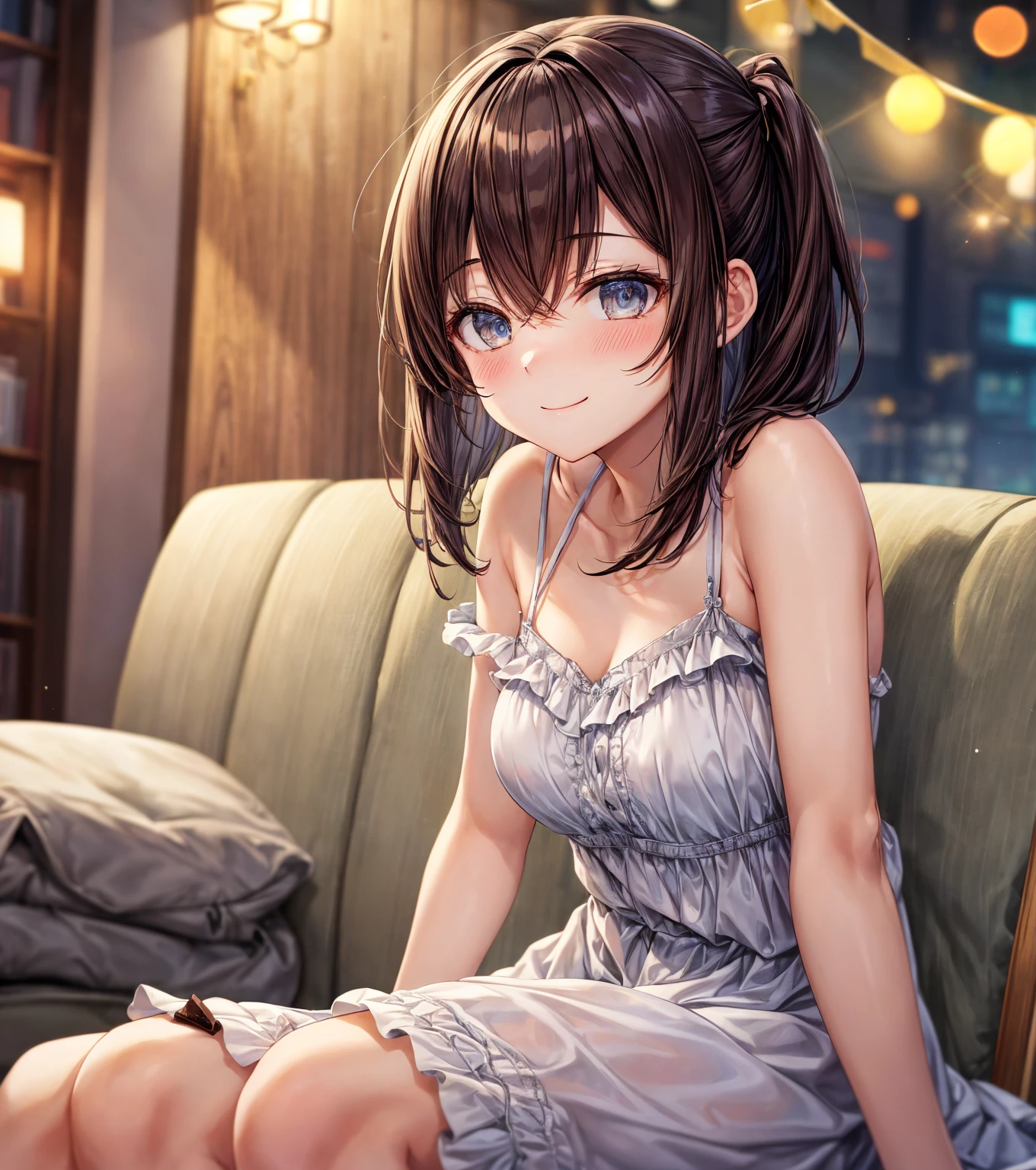 1 girl, best quality, tmasterpiece, beautiful, detailed eyes, HD, extremely detailed, visually inspect the audience, brown hair, (((solo:1.1))), the face is slightly red, is shy, beautiful, blush, full body, adorable, cleavage, dress, (sitting on his knees on the bed:1.4),