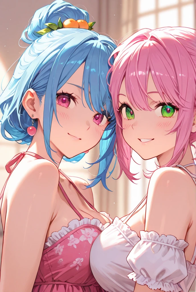 (2heads:1.2), conjoined dicephalus, (masterpiece, highest quality, highest quality,watercolor (Moderate),Official Art, beautifully、aesthetic:1.2),(1 girl:1.3), (Fractal Art:1.3),Upper Body, From the side, Looking at the audience,pattern,(Rainbow Hair,colorful hair,Half blue、half pink hair:1.2),water,liquid, cloud,colorful, Starry Sky,performer,