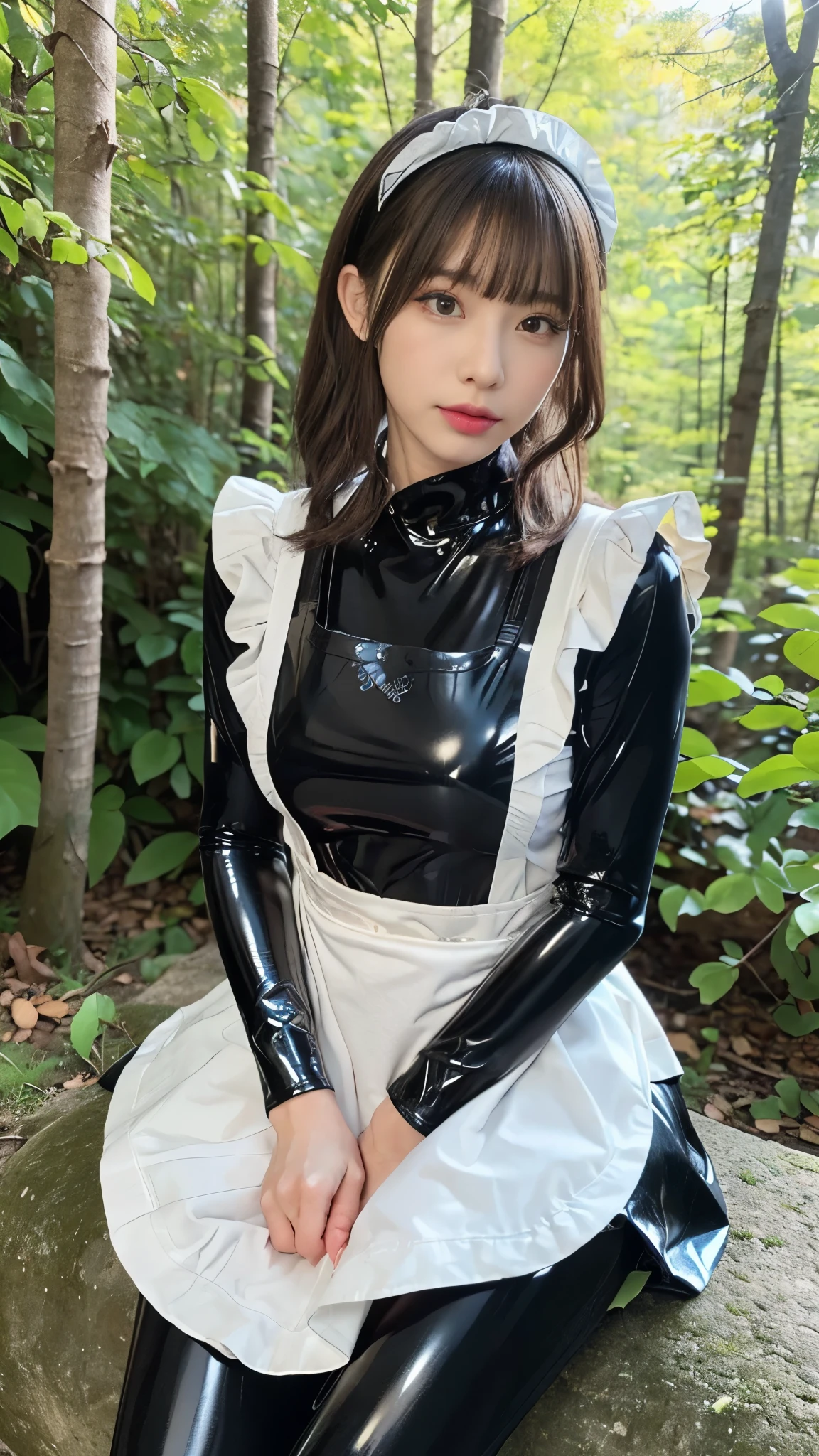 portrait,((Picture of a woman wrapped in a maid dress made of shiny black latex)),(masterpiece, Best Quality , ultra fine),Highly detailed CG,(Eye makeup for long eyelashes),(( very beautiful Japanese women)),((latex maid headband)),((Shiny black latex long sleeve shirt)),((Elegant skirt made of shiny black latex)),((latex tights)),(((Apron from the waist down))),(Deep in the forest),foot method
