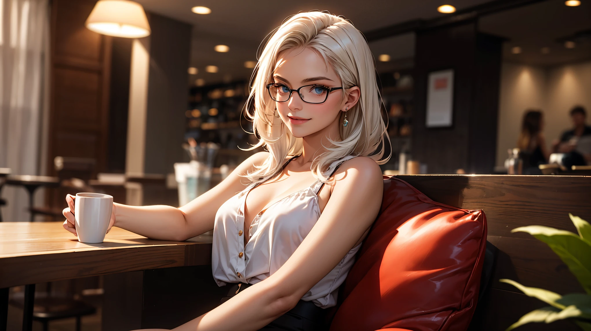 ((Ultra-realistic illustrations:1.3)),(Black clothes), Cute 18 year old (albino:1.4)Women of Asian descent.(short:1.1), , Long brunette hair, brown Eyeswith yellow glow, Innocent look. kind.(virgin), (joy:1.2),(smile:1.3). (Playful:1.2). mascara, Glasses, Red lipstick, dress, (Black Pantyhose), pumps. masterpiece, (Very detailed:1.2),(Detailed face and eyes:1.2), 8k wallpaper, Moody lighting. Core Shadow, High Contrast, Bokeh, big breasts