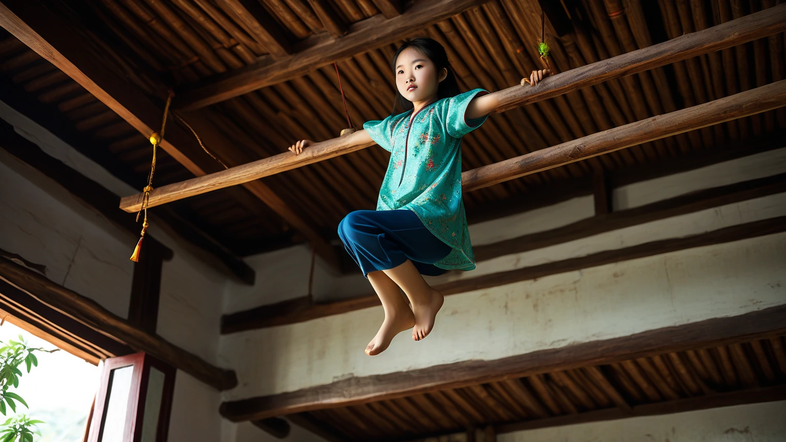 Corpse of an Asian girl who died hanging from a gallows