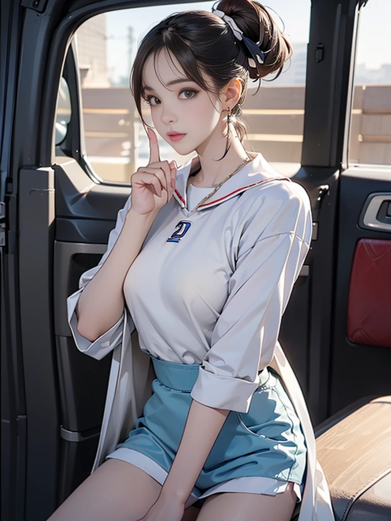 1girll,twintails,dessert,car,road,White sailor suit and short skirt,16-year-old female model，smile