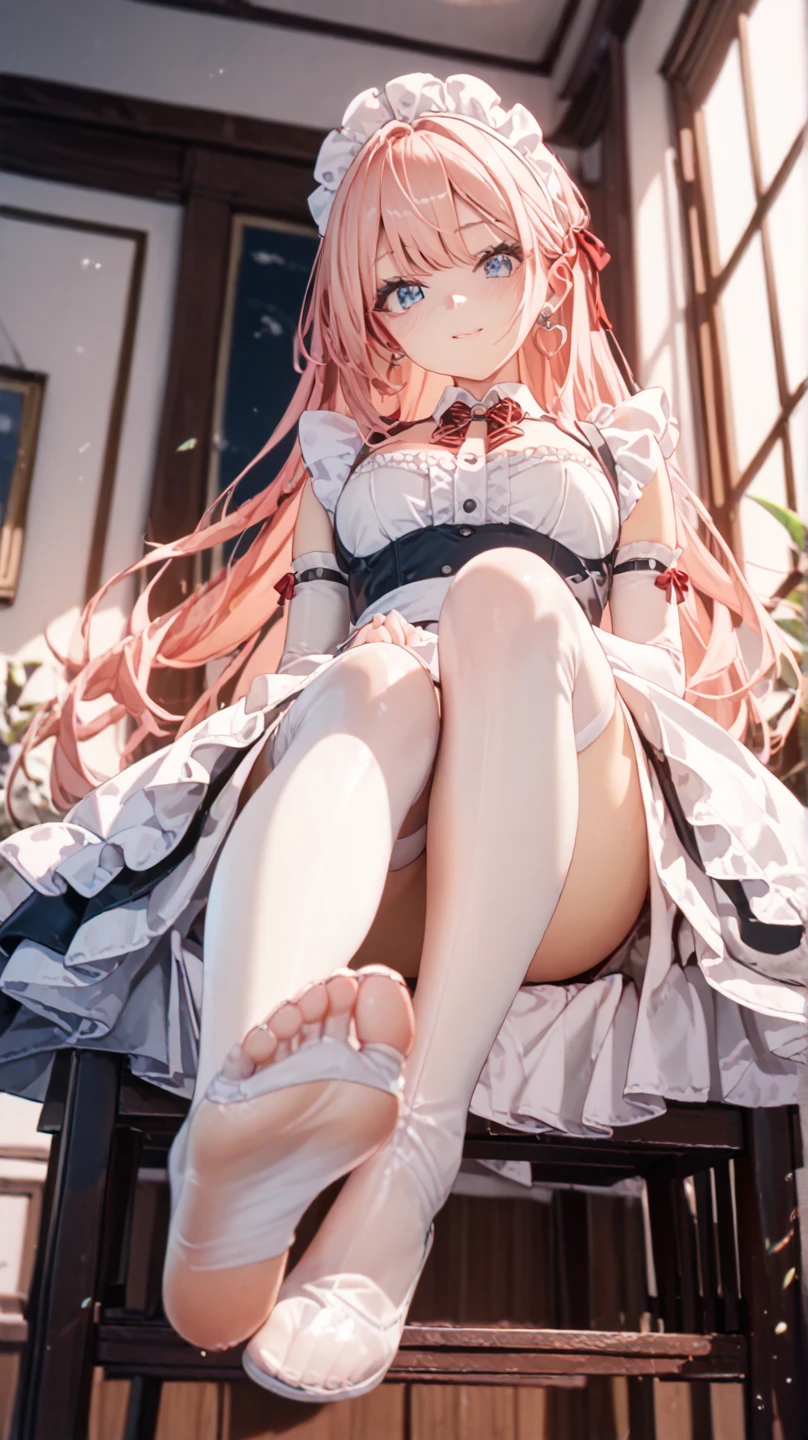 8K, highest quality, masterpiece, super detailed、full lips、pink long hair、medium breasts、pale blue eyes、put your hands behind your back、lipstick、garden、、looking away、、blush、squat down、own hugging feet、 full body、skirt、black underwear、black panties、exposed