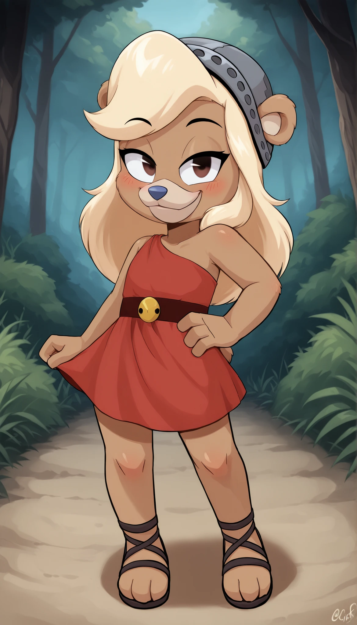 score_9, score_8_up, score_7_up, (masterpiece, best quality, very aesthetic, absurdres, source furry, artist:sakura, shaded,) 1girl, bear, furry female, Ursa Barbic, young, brown eyes, looking at viewer, smile, blush, blonde hair, messy bangs, long hair, bear features, bear ears, bear tail, brown body fur, blue animal nose, ((iron helmet, red dress, sandals)), forest on background, sassy face, anime style, glistering body, shiny body, oily skin, sexy, full body, feets with three toes, standing,