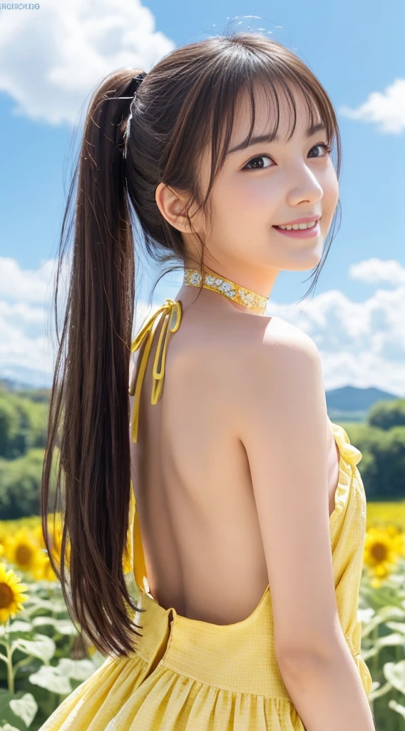 Best quality, masterpiece, ultra-high resolution, 8K, (reality: 1.4), RAW shooting, most detailed face, very detailed and perfect anatomy, live photography; most beautiful face; shining skin; one 18-year-old Japanese.My bangs and eyes are big and cute.It has brown eyes, gentle eyes, long brown hair, a young face, and a large chest.E-cup. Look at the audience.angelic smile.One Piece, Photography from behind, Turning around and smiling, sunflower field ,a smiling face.