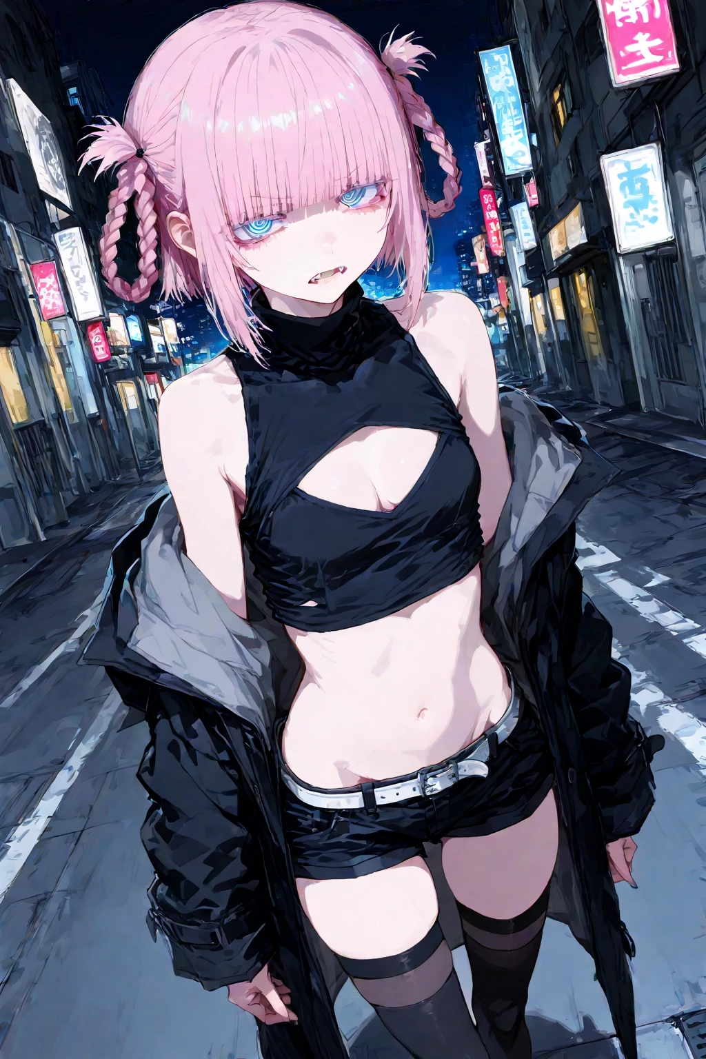 night, Colorful Cyberpunk City Background, rain, two, Maid Girl, Nanakusa Nazuna, 1, stripe, Black background, Jacket preta, shirt preta, Shorts pretos, blue eyes, stripe romba, chest, Cut-out neckline, Clothing cutouts, Crop top, Shadow, dam, Gradient Hair, Gray Hair, Hair Ring, Jacket, Light purple hair, Watching the audience, compensate, Multicolored Hair, belly button, Open your mouth, Shadow vermelha, shirt, Shorts, No sleeve, No sleeveタートルネック, manga top de colheita de High throat, chest pequenos, alone, Stomach, High throat, topo de colheita de High throat, Two-tone hair, vampire, blue eyes, Bright Eyes, Black Stockings, バックLight付き, Shine, Audience Survey, Low angle lens, Looking up at the lens, Perfect composition, delicadeza perfeita de luz e Shadow, 8K,One girl,Long Hair, Hair above the crotch,  (),only_arms,Outdoor,our,Light_With a smile