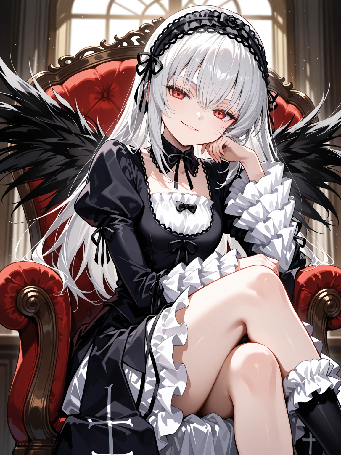 CG muy detallado y realista, vistoso, obra maestra, Mejor calidad, magnificent, ojos como joyas, 1 chica, solo, , , pretty girl, cabello rojo, pelo ondulado, Gothic , ropa blanca y negra, sonrisa, de pie, mano en el cabello, Gothic ribbon, corbata de cinta, aula, small breasts, boca abierta, colmillos, Mini falda, Gothic boots, desde el frente, dutch angle,