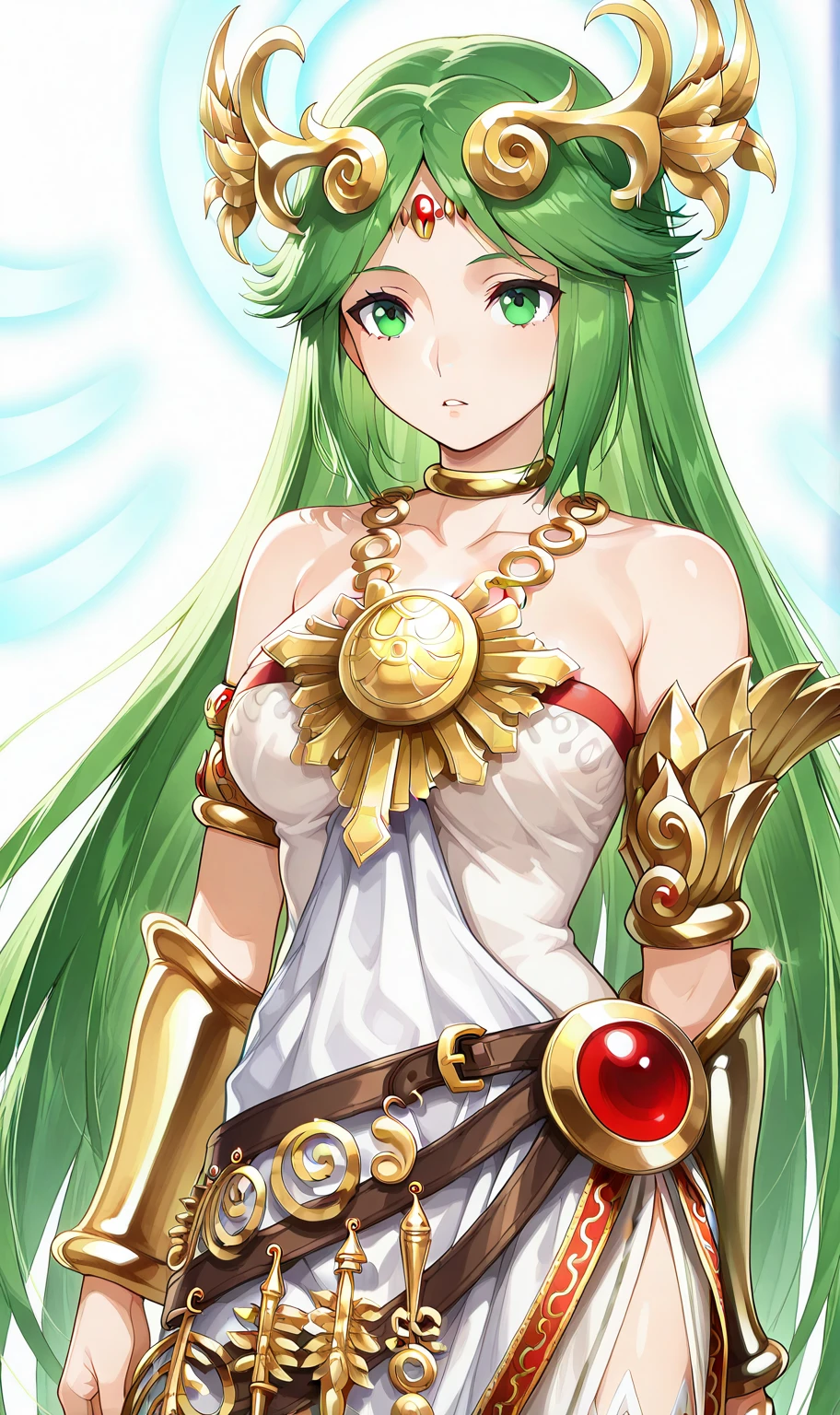 anime girl with green hair and gold armor holding a sword, lady palutena, palutena, palutena smash, portrait knights of zodiac girl, knights of zodiac girl, anime goddess, scales covering her chest, lamia, alluring elf princess knight, fus rei, scales on her chest, from legend of zelda, zerochan art, zelda
