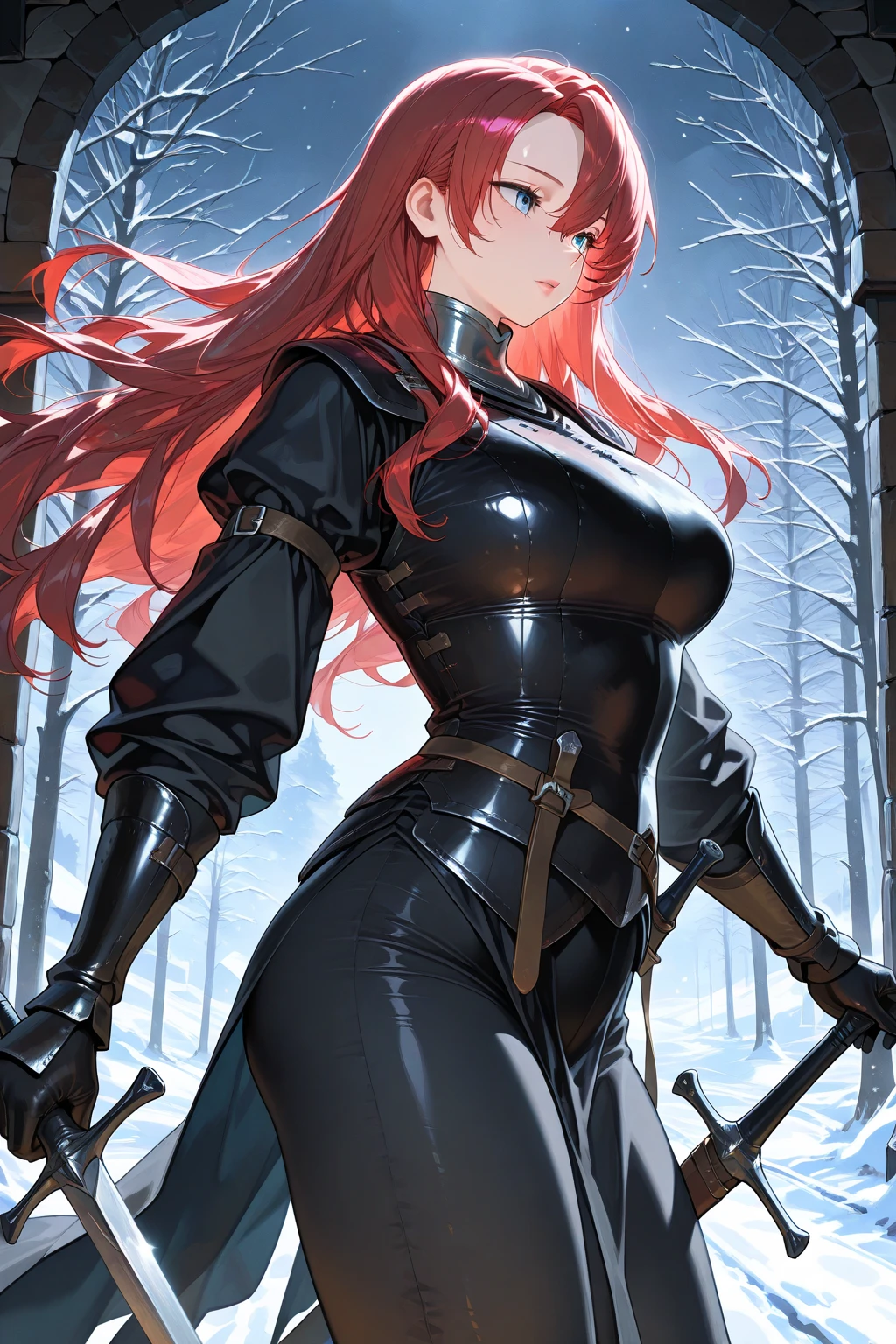 masterpiece, Superior image quality, High resolution, 4k image,Photo and gross, photorealistic, 1 young redhead girl of 20 years old, standing, {Alone},{{{vagina}}}, huge breasts, beautiful face, crimson red hair short ponytail, green eyes, very detailed eyes, expression of pride, draw smile showing superiority, choker:1.6, (white collar button down shirt white long sleeve), black gloves, gloves covering the hands, (wielding a halberd in his right hand), (black leather corset), (shiny black leggings), (black leather boots), sensual lips , show details in the eyes, view from front, Dark forest, at night, atmosphere, fog