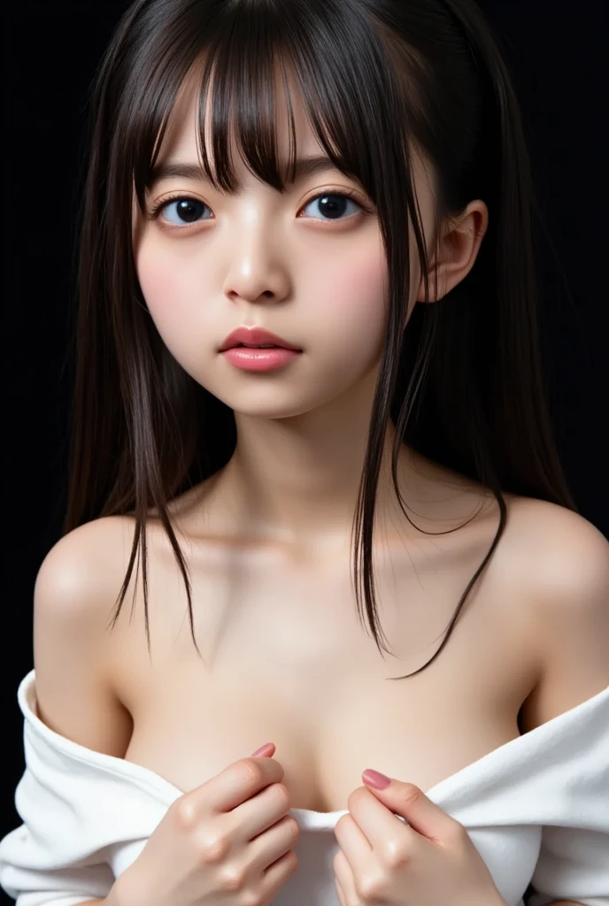 (((Beautiful girl small breasts)))、Japanese girl、, Long Hair, Cyberpunk Red Green Background、(((Upper body naked))),smile,Young Face,、(((Round face))),Big eyes, Round eyes、No makeup、8age、Lori