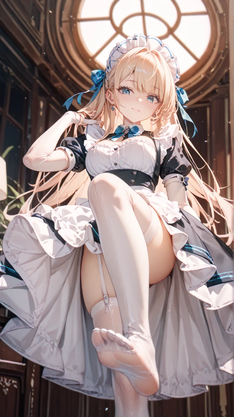 (Two girls is standing on the floor wearing a gothic lolita dressalone, (((2 girls))) , panties, underwear, skirt, (shiny dark blue satin panties:1.3)、panties that cover the butt、garter belt, Liar, Thighhighs, skirt lift, (think back), realistic,cute anime girl,Ideal Style,open leg,(focus on butt),Highest image quality,(Turn around with a serious face),long silver twintails,Lace see-through fabric,(butt crack:1.4) , embarrassed expression , large butt