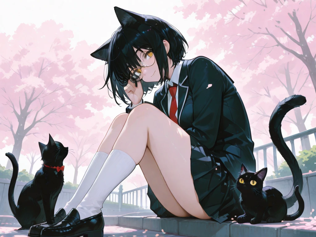 cat pose,(child),(masterpiece,Top quality),Black pleated miniskirt with teal plaid pattern,short sleeve,black hair,medium bob,intersection
