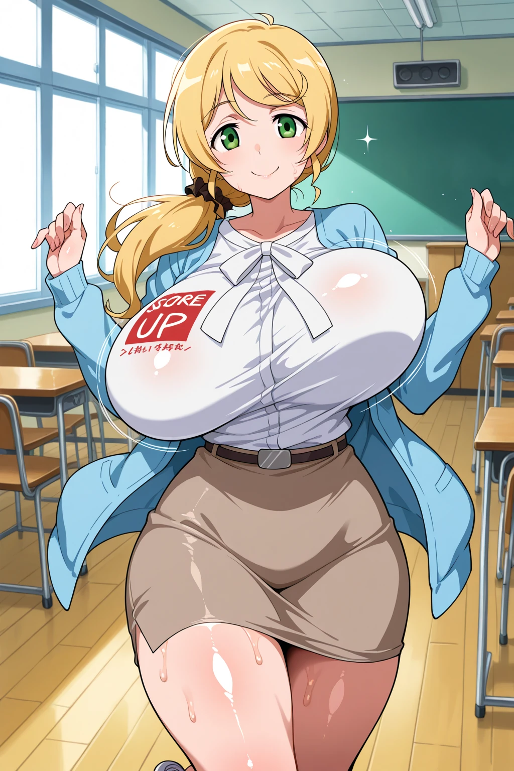 score_9, score_8_up, score_7_up, score_6_up, score_5_up, score_4_up, 1girl, solo, masterpiece, best quality, detailed, narrow waist, wide hips, huge breasts, huge ass, muscular, tohru (maidragon), twintails, blonde_hair, bursting breasts, evil smile, smug, giantess