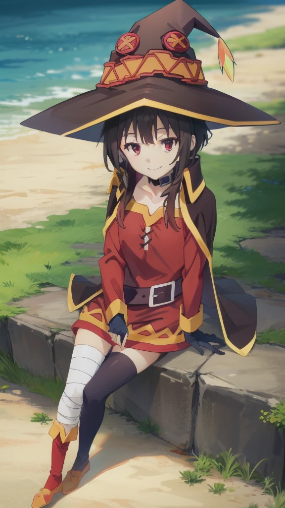Perfect female shape, (1womanl), (Megumin), (Short-cut hair), Brown hair, Red eyes, (witch's hat:1.2), small chest, red robes, Blushing cheeks, Black T-line pants、Background in the forest、((Sit with your legs open))、 awardwinning photo、detaile、realistic light and shadow、8K分辨率、16k super high quality、、Professional Lighting, (glistning skin:0.9), Highly detailed facial and skin texture, perfect hand,