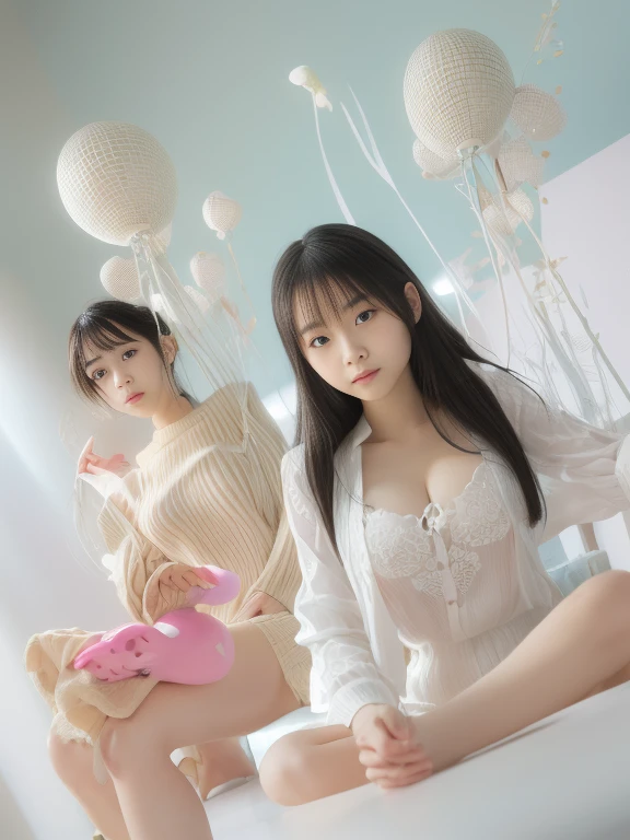 masterpiece、8k、32K、highest quality、(detailed eye)、(cute japanese woman、bangs:1.3)、23 years old、2 girls、elegant、(underwear:1.1)、plant、(huge cleavage:1.2)、please sit on the sofa、(black haired、length:1.4)、Beautiful legs in espadrilles