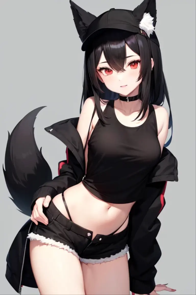 anime girl with black hair and red eyes, black tank top, black jacket, black booty shorts, belly showing, hat, fox ears and tail