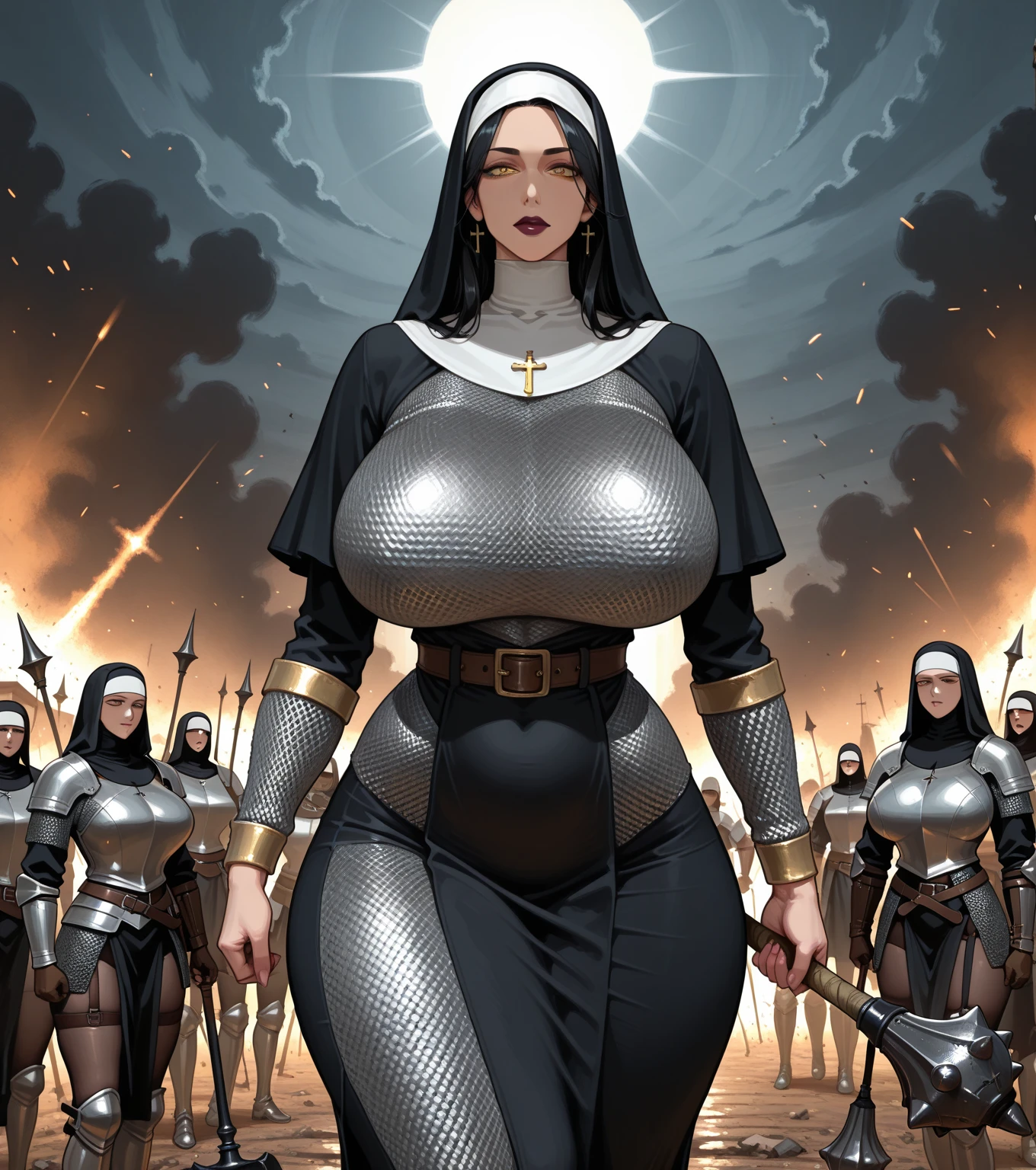 ((masterpiece)),(((best quality))),((character design sheet)), ((full body view)) ((cyberpunk empress)) mature face, ((middle eastern eyes:1.4)), ((cybernetic gown)), (((intricate futuristic breastplate))), defined cheekbones, high cheekbones, illustration, muscular, ((cyber gold:1.4)), sexy bimbo, (gigantic breasts:1.7) black hair, ((detailed face:1.4)) beautiful woman, (Chinese:1.4) (white skin:1.4) , (red lipstick:1.4), shiny skin, scribbles and marks,(puffy lips:1.4) , rough sketches, pose, 8k,16k, (simple background, white background: 1.3) ((warm color palette)), ((cyberpunk aesthetic)), (((scattered shadows)))