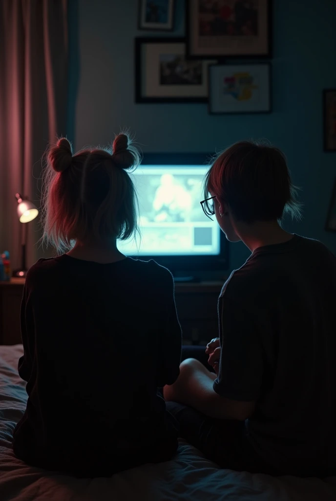 A Brazilian woman from behind with long black hair and bangs, with a 3-year-old blond son on his back, son's slightly voluminous hair, both playing video games in a gamer room