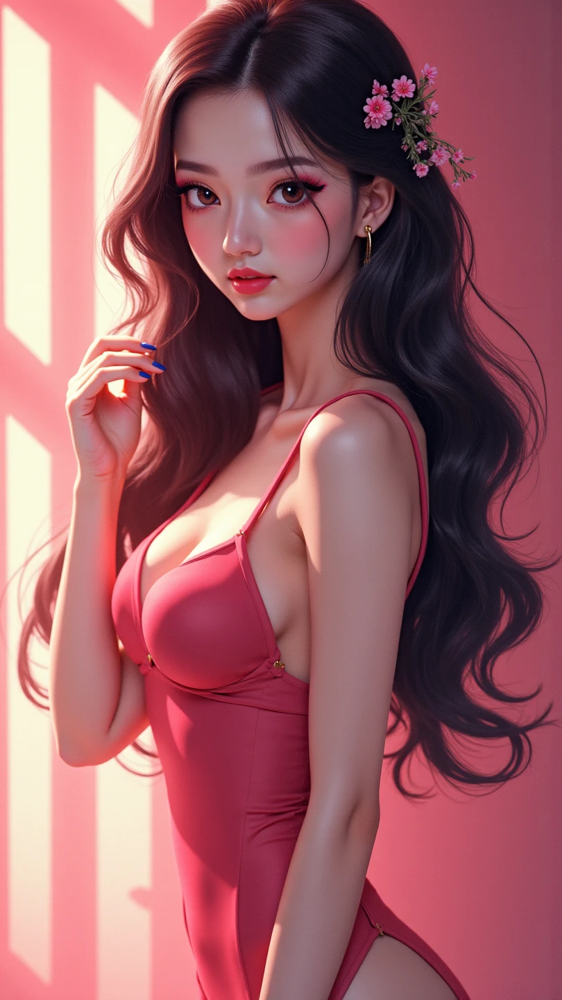 gorgeous woman , japanese , big black wavy hair , sultry body , medium breasts , she is wearing a short pink dress , she's standing