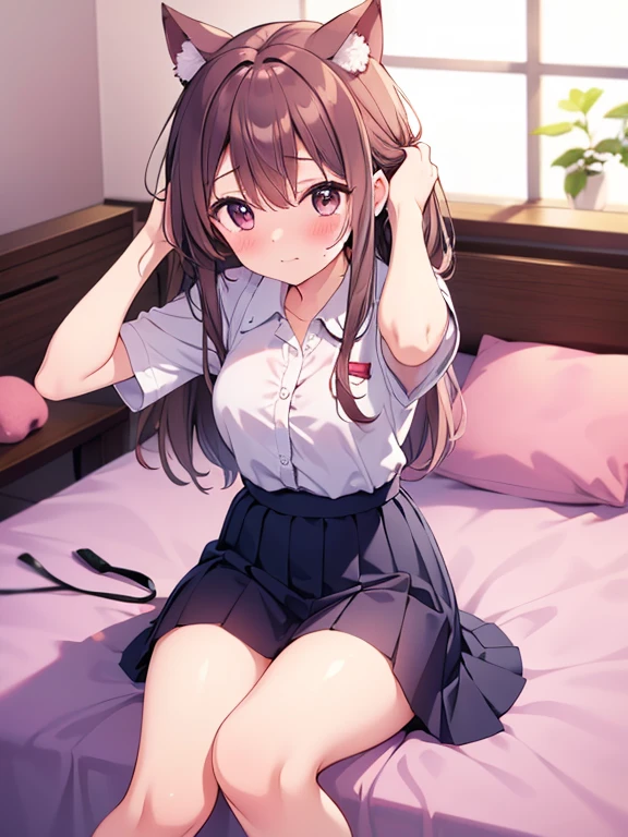Mastepiece、masterpiece、highest quality、Super detailed、High resolution、8K Portrait、High definition CG of Unity 8k wallpaper、Cute little:1.5、Loli:1.5、Highly detailed CG Unity 8k wallpaper、Realistic、Real person、 Portrait Photography、Shiny skin、High definition、(16 years old:1.2)、(1 girl)、Beautiful clear eyes、extremely detailed description、Delicate face、Nice lips、Slim body、(thin waist)、Thin legs、(bed room:1.6)、1 Girl, Cute, Perfect Face, seriously, (blush:1.7),(Brown hair semi-long hair:1.3),(large breasts:1.2),(School uniform:1.3),(bra,Shoulder:1.2),((skirt lift:1.5)),(looking at view),(from front:1.2),(disapproval face:1.5),nsfw,(take off panty:1.6),