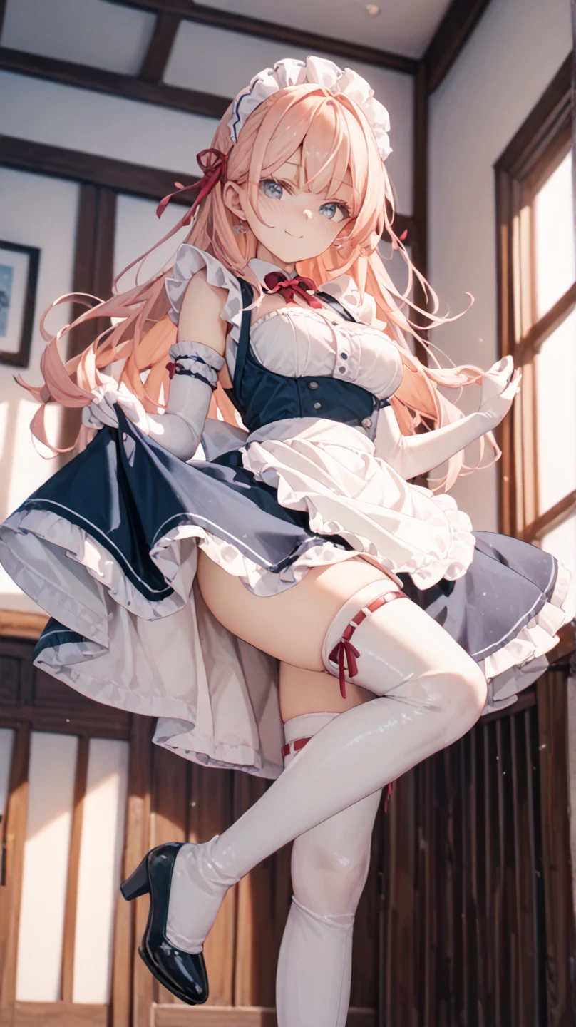 the woman is wearing a Maid clothes standing up on the floor, solo, panties, underwear, skirt, lacy white and pink panties, side-tie panties, satin panties, lying, thighhighs, garter belt, skirt lift, realistic
