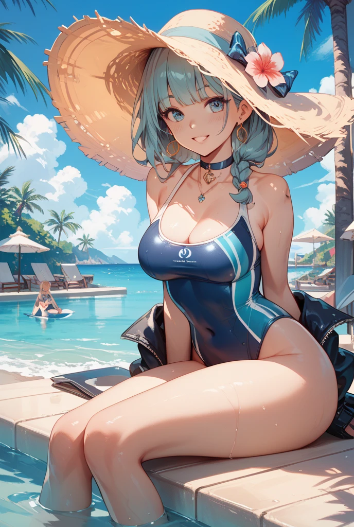 Hatsune Miku,blue sling bikini,high heels,posing for camera,big breasts,hourglass figure,ultra-realistic,vibrant colors,studio lighting,anime,beach background,loose flowing hair,playful expression,sunlight,sandy beach,summer vibes,crystal clear water,surrounded by palm trees,swimsuit model,digital illustration,sharp focus,attention-grabbing,photorealistic,sexy,confident presence,breathtaking,striking,bokeh